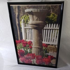 Framed Garden Scene Wall Art with Red Tulips Original Art Photo